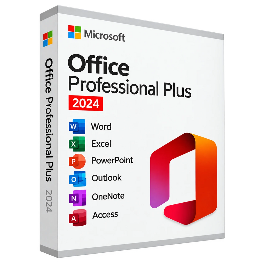 Office Professional Plus 2024 box, listing Word, Excel, PowerPoint, Outlook, OneNote and Access.
