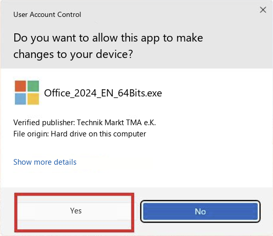 Windows User Account Control asking to allow the Office installer, with the verified publisher Technik Markt TMA e.K. and the Yes button marked