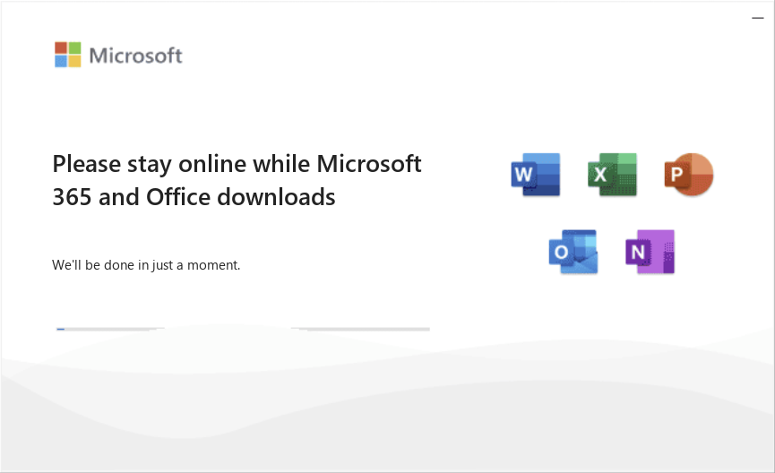 The Office installer window: Please stay online while Microsoft 365 and Office downloads