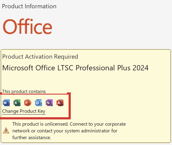 Word, File > Account, Product Information: Product Activation Required, with Change Product Key marked