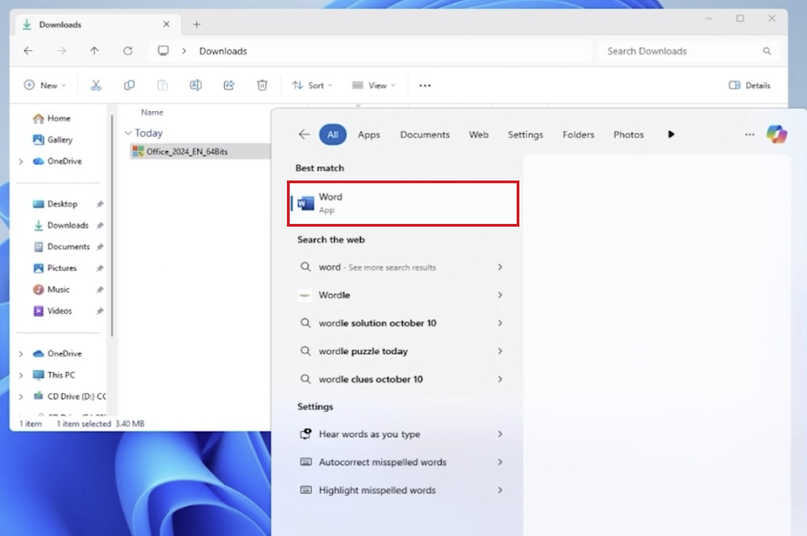 Windows search showing Word as the best match after typing word