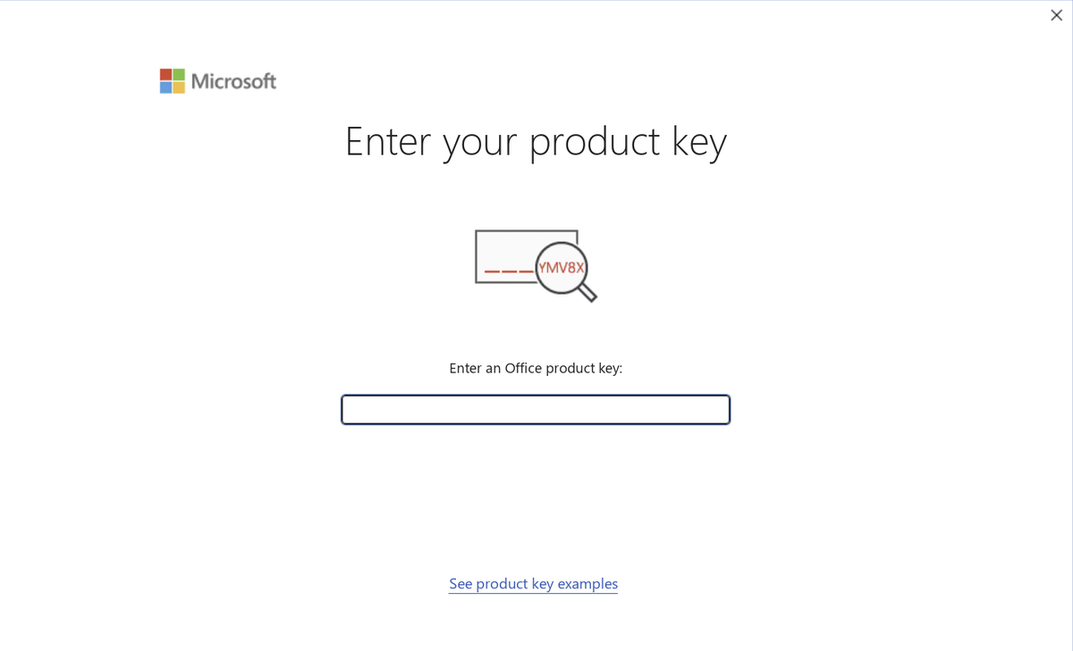The Enter your product key dialog in Office, with the empty key field
