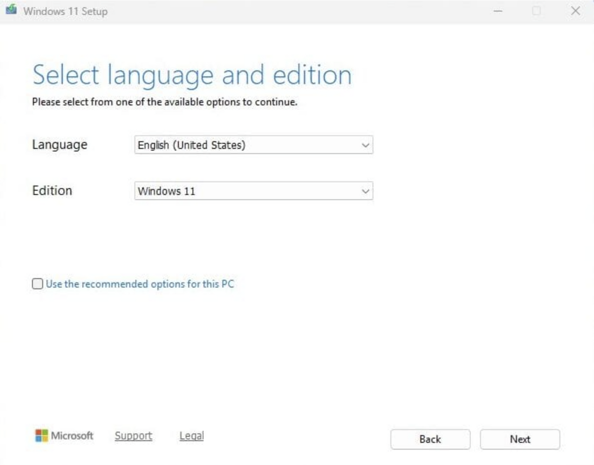 Windows 11 Setup — Select language and edition